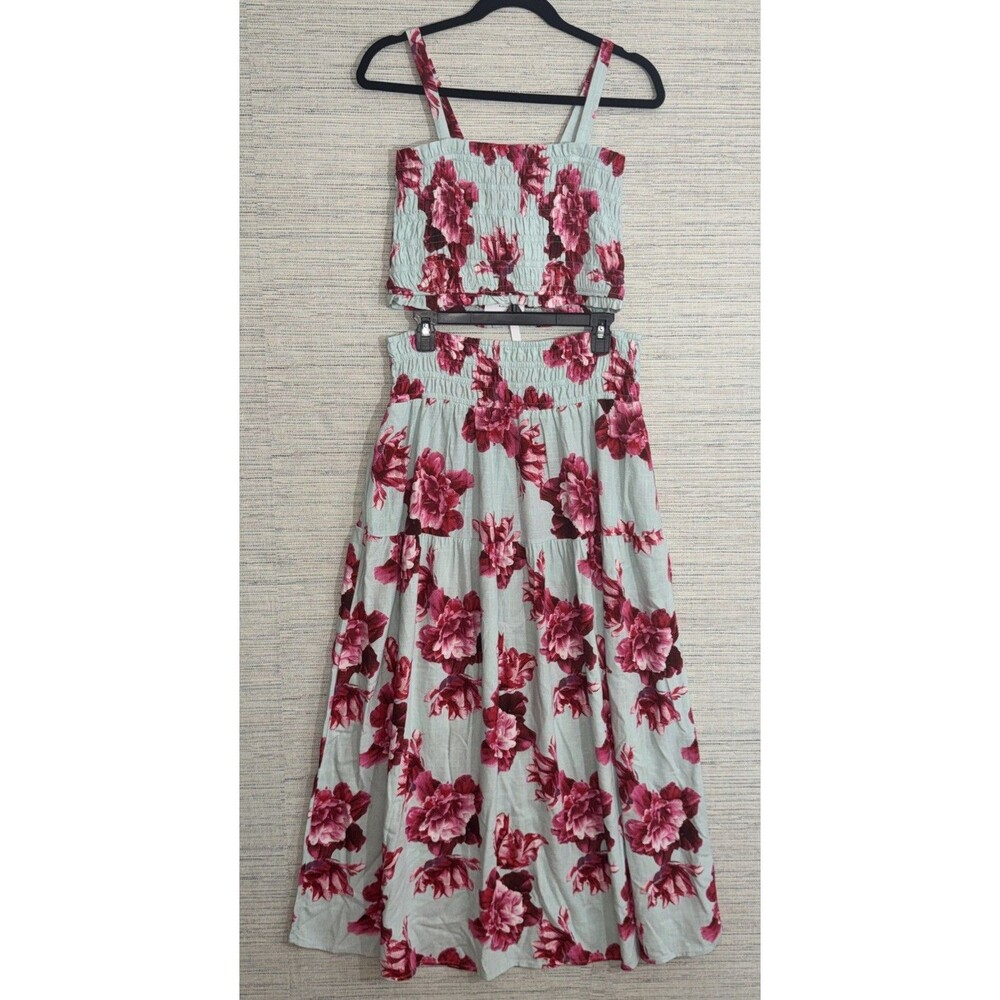 Paper Heart Australia Floral Set Maxi  Skirt & Cropped Top Linen Blue & Pink M